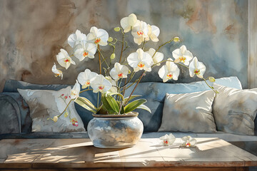 white orchid on a coffee table near a gray sofa watercolor drawing