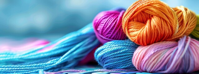 A bunch of colorful yarns are piled up on a table. The colors are bright and cheerful, creating a sense of warmth and creativity, wide banner or header.