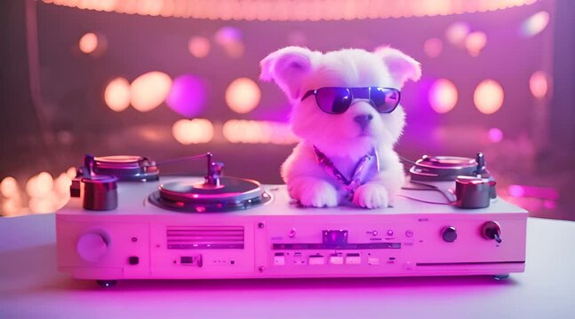 animation of a white puppy playing DJ