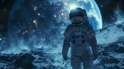 An astronaut stands on a rocky lunar surface, gazing at a distant planet amidst the starry expanse of space. The image captures the awe-inspiring isolation of interstellar exploration. - obrazy, fototapety, plakaty