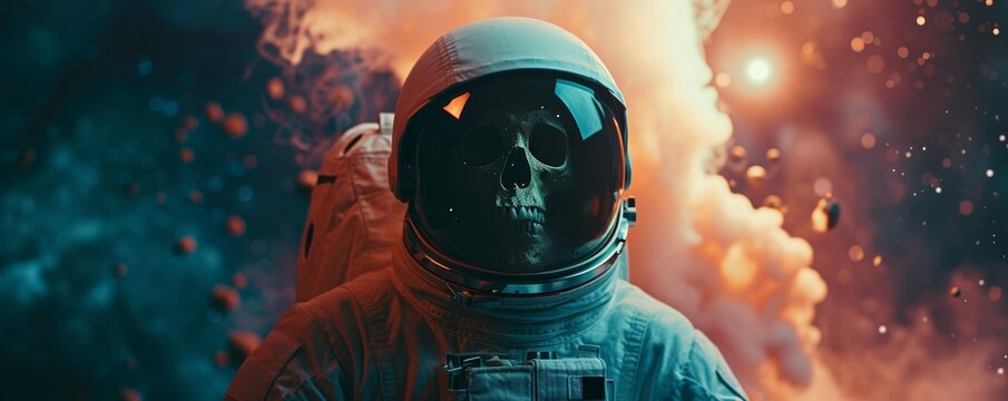 Astronaut helmet with a skull reflection in surreal environment