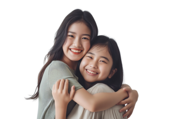 Asian girl with a wide smile tightly embraces her young mother isolated on transparent background