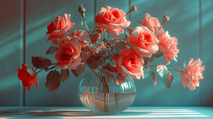 Bouquet of pink roses in a glass vase on blue background