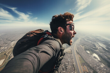 AI generated image of skydiver instructor flying in blue sky enjoy free fall - obrazy, fototapety, plakaty