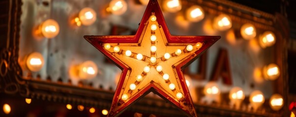 Illuminated marquee star with light bulbs against a blurred background - obrazy, fototapety, plakaty