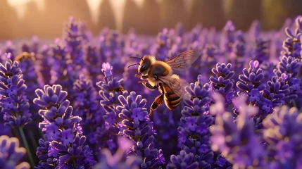 Möbelaufkleber Bees buzzing around rows of flowering lavender © MuhammadInaam