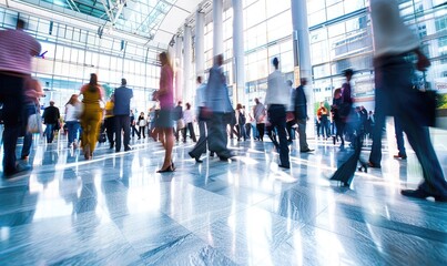 The hustle of a corporate environment captured as blurred figures walk through a sleek modern lobby