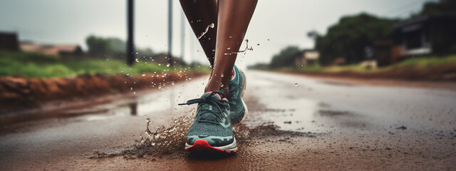 Lady or female / woman South-African trail runner running on a asphalt street with a close-up of the trail running shoes during a rainy day 