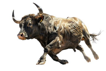 A bull running with full energy, with tense muscles and prominent horns isolated on transparent background