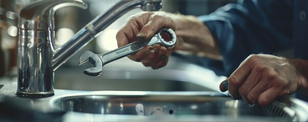 Close-up of a plumber mechanic's hand gripping a wrench firmly over a metallic water sink, showcasing workmanship and skill. - obrazy, fototapety, plakaty