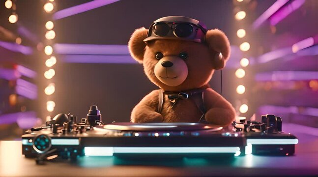 animation of teddy bear playing DJ