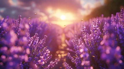Tuinposter Bees buzzing around rows of flowering lavender © MuhammadInaam