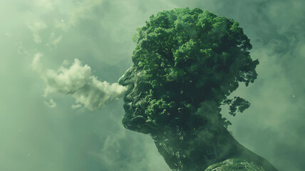 A silhouette of a man created from a green tree breathing in pure oxygen. symbiotic relationship...