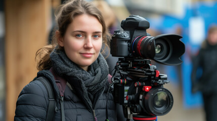 Young female filmmaker operating professional video camera outdoors.
