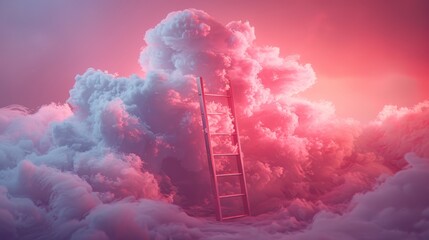 Ladder reaching into pink clouds - obrazy, fototapety, plakaty