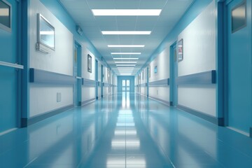 Modern Hospital Corridor with Medical Rooms. Clean and Health-Focused 3D Illustration