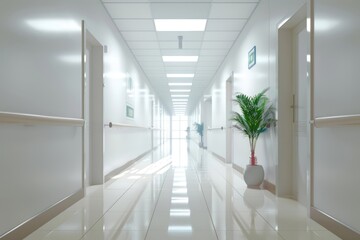 Modern Hospital Hallway. Interior of Hospital Hallway with a Corridor and Emergency Sign for the Clinic. Health and Wellness Theme - obrazy, fototapety, plakaty