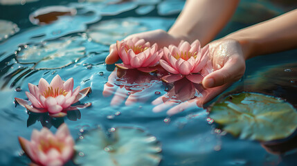 Female hands with lotus flowers in clear blue water. Physical and mental health and self care concept - obrazy, fototapety, plakaty