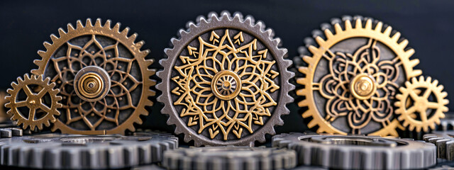 Interlocking gears and machinery, symbolizing teamwork and the intricate workings of technology
