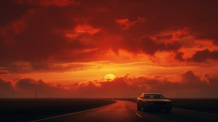 Naklejka premium Sunset paints the sky in hues of orange and red as cars race towards the horizon, silhouetted against the fading light.