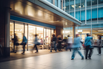 Blurred Motion: Busy Hospital Entrance from Outside, Patients and Doctors in Motion, Reflecting the Dynamic Rhythm of Healthcare Activity