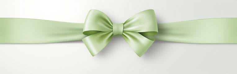 Horizontal Green ribbon and bow on a minimalist background for wedding invitation card greeting card or gift boxes 