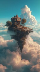 Floating island with a Victorian house above the clouds