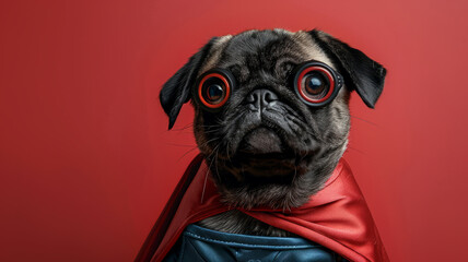 A pug in superhero costume