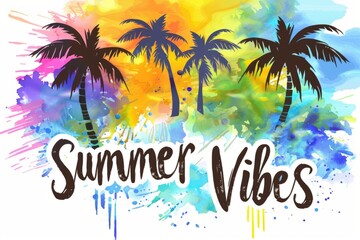 Fototapeta na wymiar summer with palm trees and watercolor splash, colorful background text 