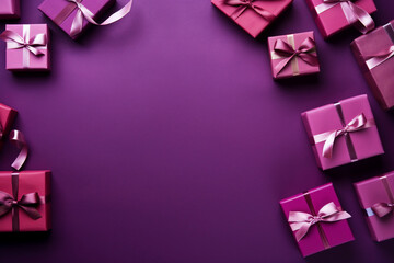  romantic purple or magenta background with a small pile of wrapped gift boxes at one side seen from above for a birthday 