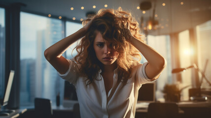 A tired and frustrated young adult and Caucasian business woman is standing in front of her modern office desk with her hands in her hair with backlighting 