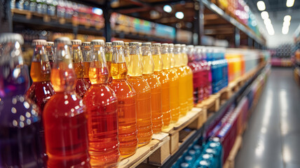Colorful bottles on supermarket shelves.