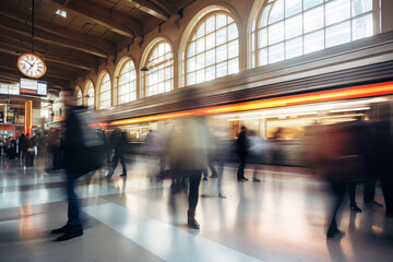 Blurred Motion: Interior of a Busy Train Station, Capturing the Dynamic Flow of Commuters and Travelers in Motion Amidst the Platforms and Concourses