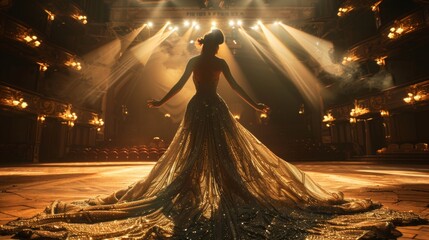 Ballet inspired fashion shoot with detailed couture on empty theater stage under warm spotlights