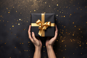  romantic black and gold background with male hands holding a wrapped gift box seen from above for a birthday 