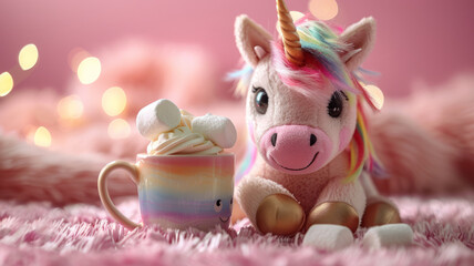 Stuffed unicorn toy beside a cup of hot chocolate