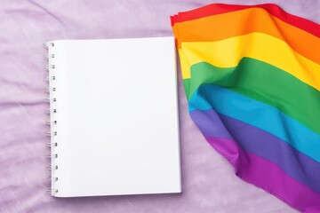 A blank spiral notebook rests on a textured surface partially covered by a vibrant rainbow pride flag. Blank Notebook with Rainbow Pride Flag
