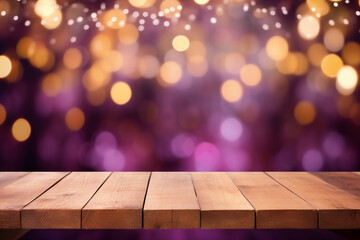 Empty wooden planks or tabletop in front of a blurred bokeh purple background and maximalist background a product display background or wallpaper concept with backlighting 