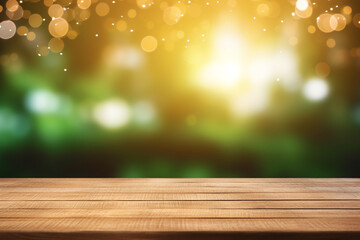 Empty wooden planks or tabletop in front of a blurred bokeh green background and modern background a product display background or wallpaper concept with backlighting 