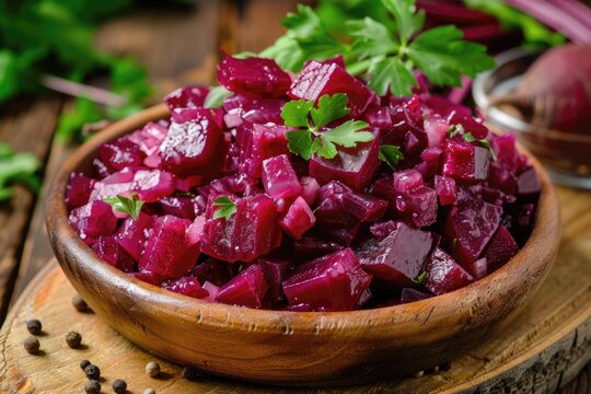 Purple and Juicy Beet Salad on a Wooden Background. Traditional Turkish Pickled Salad (Pancar Salatasi Mezesi) with Fresh and Fermented Flavors. Closeup View
