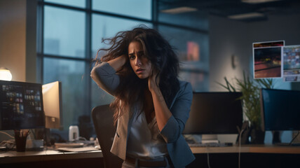 A tired and frustrated young adult and Latin business woman is standing in front of her modern office desk with her hands in her hair with side-lighting 