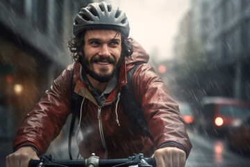 A beautiful adult of South-African hipster man riding his bicycle to work, a frontside portrait of a guy commuting on a bicycle on a rainy day in an urban street at mid-day 
