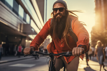 A beautiful adult of Mongolian hipster man riding his bicycle to work, a backside portrait of a guy commuting on a bicycle on a sunny day in an urban street at sunset 