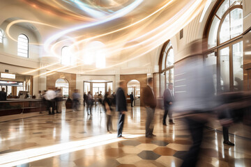 Blurred Motion: Interior of a Busy Bank with Tall Ceilings, Capturing the Dynamic Activity of Banking Operations