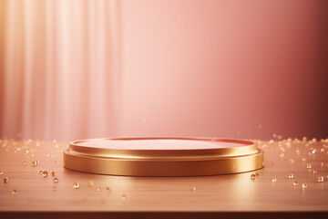 An empty round wooden podium set amidst a pink background with water drops and maximalist background a product display background or wallpaper concept with backlighting 