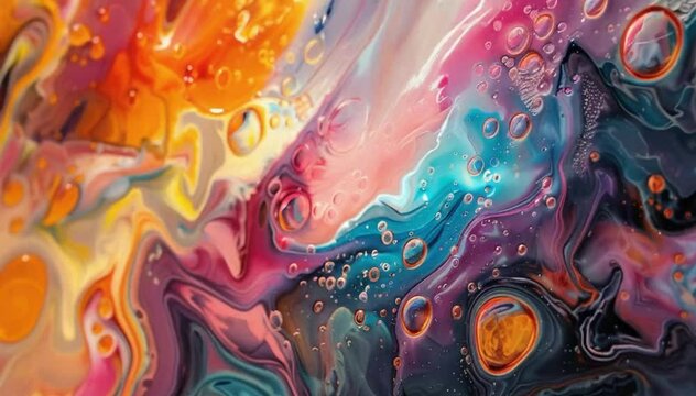Video animation of vibrant abstract artwork features a dynamic mix of colors blend and swirl together in a fluid motion, creating an energetic and lively atmosphere