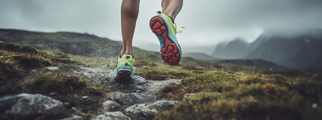 Lady or female / woman Caucasian trail runner running on a mountain hill with a close-up of the trail running shoes during a rainy day 