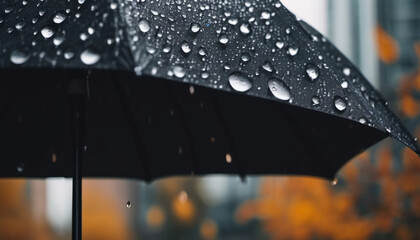 Close up of a black umbrella with raindrops during autumn, ai