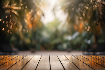 Empty wooden planks or tabletop in front of a blurred bokeh lush tropical forest with water drops and maximalist background a product display background or wallpaper concept with front-lighting 