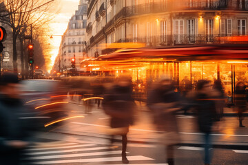 Fototapeta na wymiar Blurred Motion: Bustling Scene in Paris at Dusk with Sidewalks, Pedestrians, and Shops, Evoking the Romantic Charm of the City